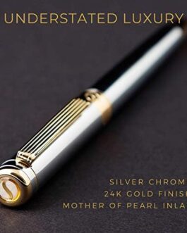 Scriveiner Silver Chrome Ballpoint Pen – Stunning Luxury Pen with 24K Gold Finish, Schmidt Black Refill, Best Ball Pen Gift Set for Men & Women, Professional, Executive, Office, Nice, Fancy Pens