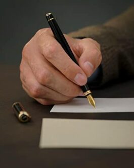 Scriveiner Black Lacquer Fountain Pen – Stunning Luxury Pen with 24K Gold Finish, Schmidt 18K Gilded Nib (Extra Fine), Best Pen Gift Set for Men & Women, Professional, Executive, Office, Nice Pens
