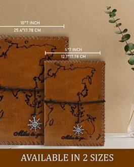 NAQSH Handmade Unlined Leather Journal – Vintage Writing Journal For Men And Women, Gift For Him Her, Travel Diary With Blank Pages, Large Notebook, 180 Pages (Size 5×7 World Map)
