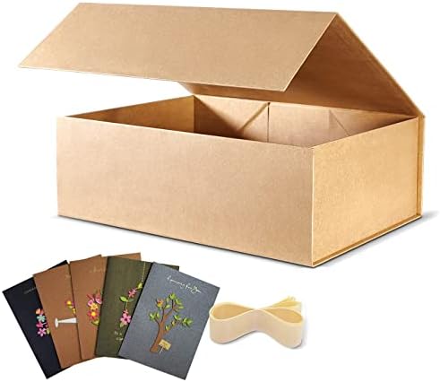 BOXHOME 5 Pack Large Gift Box, Brown Kraft Gift Box 13x10x5 inch with Magnetic Lids Gift Packaging Box, Groomsmen Boxes for Presents Contains Card, Ribbon, Folding Gift Box