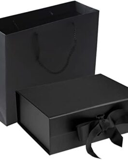 Black Luxury Magnetic Gift Box with Lid, Ribbons and Gift Bag, Medium Size-9.4x7x3 Inches, Great for Business, Christmas, New Year, Wedding, Birthdays, Groomsman, Husband, Presents Display and Packging