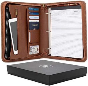 Read more about the article Forevermore Portfolios Padfolio Binder – Professional Faux Leather Travel Organizer Pouch for Tablet, Documents, Presentation Folders, Zipper Closure, Removable 3-Ring Notepad – Brown