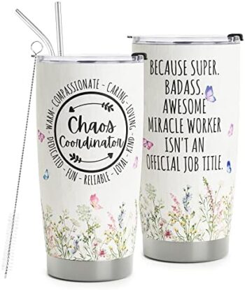 HOMISBES Chaos Coordinator gifts - Chaos Coordinator Travel Mug with Straw for Mom Coworker Boss Manager Employee - Stainless Steel Tumbler Cup 20oz