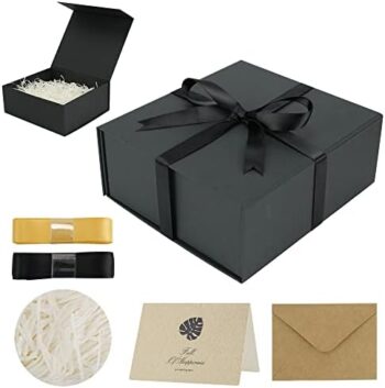 HUIHUANG Black Gift Box with Lid, Magnetic Gift Box for Presents Groomsman Box Best Man Wedding Birthday Graduation Boxes for Gift Packaging with Ribbon,Card,Shredded Paper Filler, 7.8x7x3.1 in-1 Pack