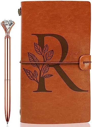 Initial Journal and Diamond Pen Set for Writing,Personalized Gift for Women Men,PU Leather Notebooks Blank Pages Lined Paper Diary Notepad Card Slots Monogrammed Gifts for Mom Sister Friends(R)
