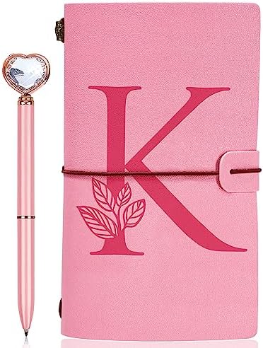 JEWPHX Personalized Journal Gift-Pink Initial Leather Journal+Heart Diamond Pen Set,Travel Notebook Diary Gifts,Refillable Notepads,Christmas,Birthday Gifts for Women Girls (7.9"x4.7") (K)