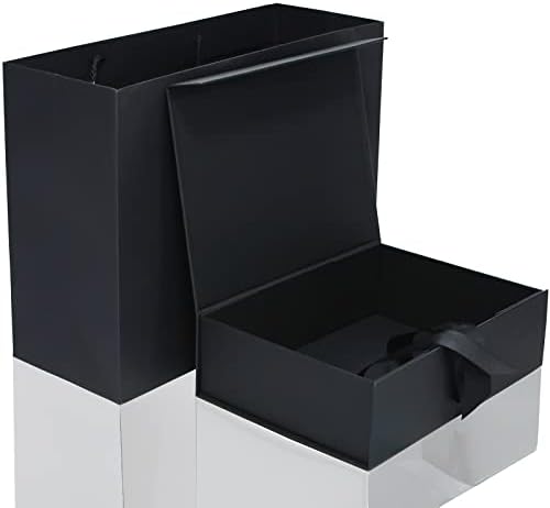 Large Black Luxury Magnetic Gift Box with Lid, Ribbons and Gift Bag, 12.2x8.7x4 Inches, Great for Business, Christmas, New Year, Wedding, Birthdays, Groomsman, Husband, Presents Display and Packging