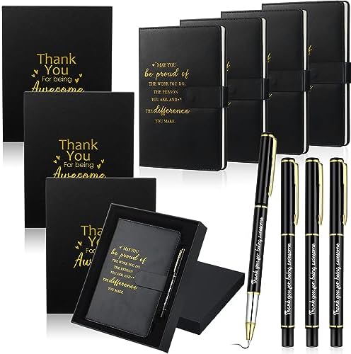 Lincia 4 Set Employee Appreciation Gifts, A5 Lined Inspirational Leather Journal with Motivational Metal Pen and Gift Box Thank You Gifts for Coworker Men Women Travel Office Business, Black