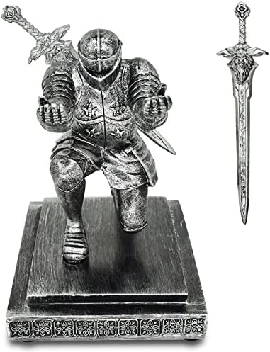 You are currently viewing Miyolo Knight Pen Holder with Sword, Kneeling Knight Fancy Pen Stand for Desk Office Accessories for Men Writer, Cool Medieval Armored Knights Home Decor (Silver)