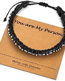 Morse Code Bracelets Gifts for Men, 18K Real Gold Plated Beads on Black Leather Bracelet for Men Inspirational Bracelets Gifts for Mens Jewelry Unique Birthday Fathers Day Thanksgiving Gifts for Him