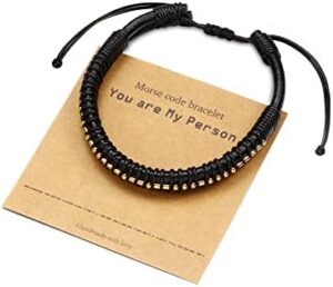 Read more about the article Morse Code Fathers Day Bracelets Gifts, 18K Real Gold Plated Beads on Black Leather Bracelet for Men Inspirational Bracelets Gifts for Mens Jewelry Unique Funny Fathers Day Birthday Gifts for Him