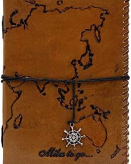 NAQSH Handmade Unlined Leather Journal – Vintage Writing Journal For Men And Women, Gift For Him Her, Travel Diary With Blank Pages, Large Notebook, 180 Pages (Size 5×7 World Map)