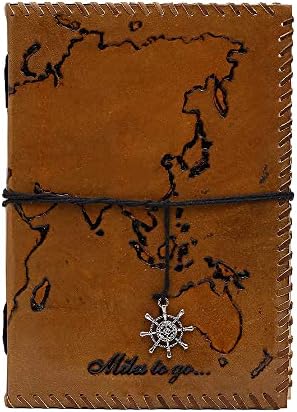 NAQSH Handmade Unlined Leather Journal - Vintage Writing Journal For Men And Women, Gift For Him Her, Travel Diary With Blank Pages, Large Notebook, 180 Pages (Size 5x7 World Map)