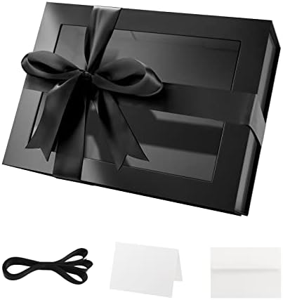 PACKQUEEN Gift Box with Window, 9x6.5x3.8 Inches, Black Gift Box for Present Contains Ribbon, Card, Groomsman Proposal Box, Gift Box with Magnetic Lid (Glossy Black)