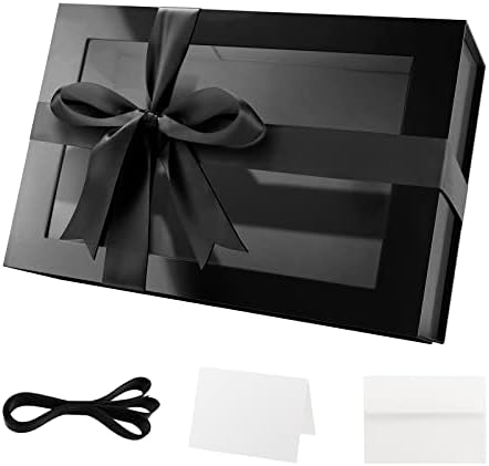 You are currently viewing PACKQUEEN Large Gift Box with Window, 13.5x9x4.1 Inches Black Gift Box for Present Contains Ribbon, Card, Groomsman Proposal Box, Extra Large Gift Box with Magnetic Lid (Glossy Black)