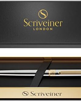 Scriveiner Silver Chrome Ballpoint Pen – Stunning Luxury Pen with 24K Gold Finish, Schmidt Black Refill, Best Ball Pen Gift Set for Men & Women, Professional, Executive, Office, Nice, Fancy Pens