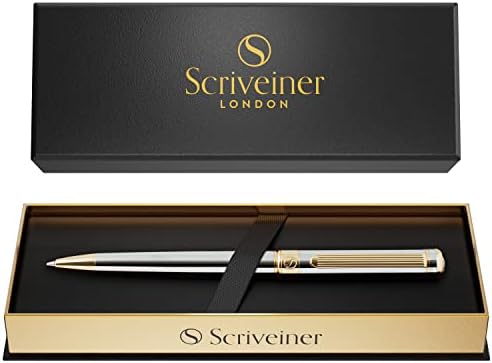 Scriveiner Silver Chrome Ballpoint Pen - Stunning Luxury Pen with 24K Gold Finish, Schmidt Black Refill, Best Ball Pen Gift Set for Men & Women, Professional, Executive, Office, Nice, Fancy Pens