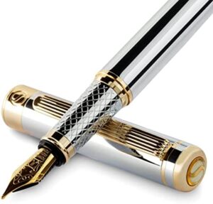 Read more about the article Scriveiner Silver Chrome Fountain Pen – Stunning Luxury Pen with 24K Gold Finish, Schmidt 18K Gilded Nib (Medium), Best Pen Gift Set for Men & Women, Professional, Executive Office, Nice Designer Pens