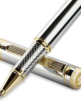 Scriveiner Silver Chrome Rollerball Pen – Stunning Luxury Pen with 24K Gold Finish, Schmidt Ink Refill, Best Roller Ball Pen Gift Set for Men & Women, Professional, Executive Office, Nice, Fancy Pens