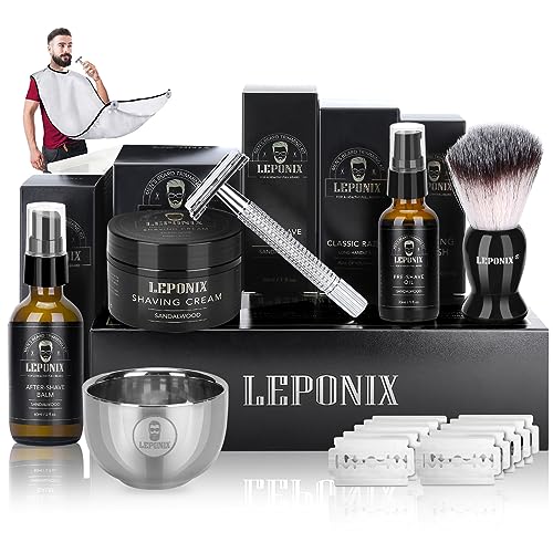 You are currently viewing Shaving Kit for Men, Include Safety Razor, Sandalwood Shaving Cream, Mens Aftershave, Pre Shave Oil, Shaving Brush and Bowl, Shaving Apron Bib -Unique Gifts for Men Him Stocking Stuffers