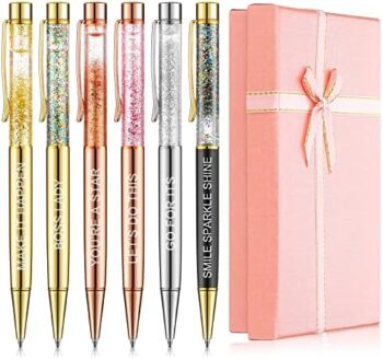 Supervitae 6 Pcs Fancy Ballpoint Pens for Women Metal Boss Lady Pen Set Inspirational Motivational Quotes Bling Liquid Decorative Writing with Gift Box Christmas School Office Executive (Multi Color)