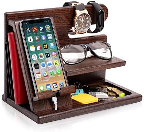 You are currently viewing TESLYAR Wood Phone Docking Station Ash Key Holder Wallet Stand Watch Organizer Men Gift Husband Wife Anniversary Dad Birthday Nightstand Purse Father Graduation Male Travel Idea Gadgets… (Brown)