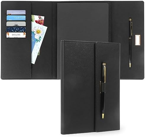 Toplive A5 Journal Notebook Black Leather Cover College Ruled Lined Notebook with Pen, Card Holder Side Pocket Folding 8.26" x 5.7" for School Office Travel