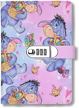 You are currently viewing WHLBHG Eeyore Lover Gift Donkey Faux Lined Leather Journal A5 Locking Journal Refillable Writing Notebook with Lock Password Locked Journals Cartoon Lovers Gift (Basket Flowers Eeyore Lock)