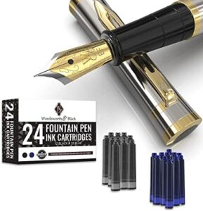 Read more about the article Wordsworth & Black Fountain Pen Set, 18K Gilded Extra Fine Nib, Includes 24 Pack Ink Cartridges, Ink Refill Converter & Gift Box, Gold Finish, Calligraphy, [Silver Gold], Perfect for Men & Women