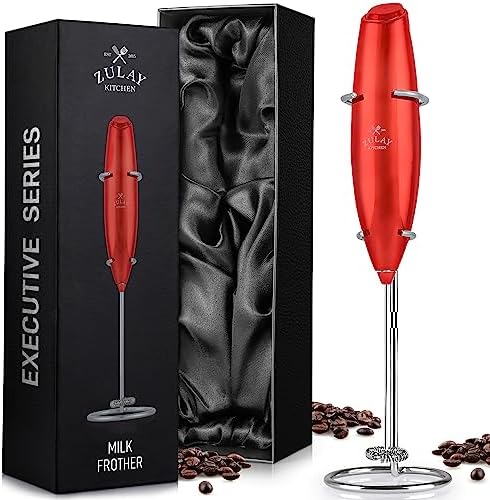 Zulay Executive Series Ultra Premium Gift Milk Frother For Coffee with Deluxe, Radiant Finish - Coffee Frother Handheld Foam Maker For Lattes - Electric Milk Frother Handheld For Coffee (Red)