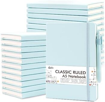 feela 24 Pack Journal Notebook Bulk for Work, Business Notebook Hardcover Lined Writing Journal with Pen Holder for Students Women Note Taking, with 24 Black Pens, 120 GSM, 5.1”x8.3”, A5, Sky Blue