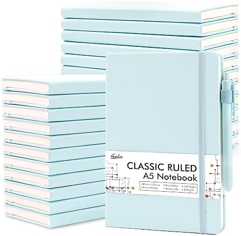 feela 24 Pack Journal Notebook Bulk for Work, Business Notebook Hardcover Lined Writing Journal with Pen Holder for Students Women Note Taking, with 24 Black Pens, 120 GSM, 5.1”x8.3”, A5, Sky Blue