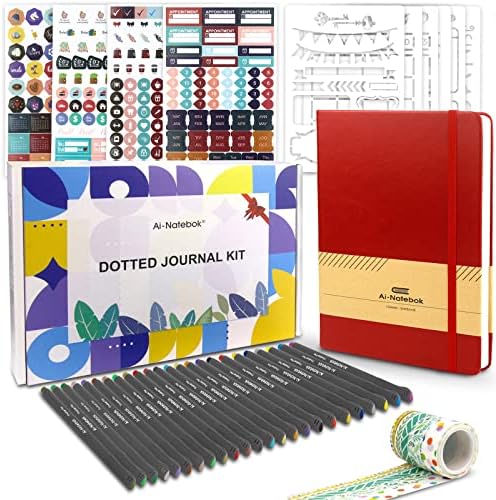 Bullet Dotted Journal Kit Hardcover Planner Notebook 120GSM A5 Bullet Dotted Journaling with 196 Numbered Pages, 24 Fineliner Pens, Stickers, Bullet Stencils and Washi Tape Gift Box (Red)