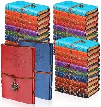 30 Pcs Leather Writing Journal Notebook Refillable Vintage Travel Diary Journal Pu Leather Hardcover Sketchbook Notepad Gift with Blank Page and Pendant for Women Men, 5 x 7.25 in (Compass)