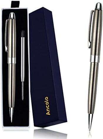 Ancolo Gift Ballpoint Pen Set, Noble and Elegant Designs, with Gift Box 2 Black Ink Refills, Best Ballpoint Pen Gift Set for Men & Women, Professional, Executive Office, Nice Pens - Stainess Steel