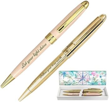 Authentigo Fancy Ballpoint Pen Set For Women, 2 Ballpoint Pens for Journaling and Writing, Inspirational Pen Gift Box, Gold Pen and Pink Pen with Gold Trim, Black Ink