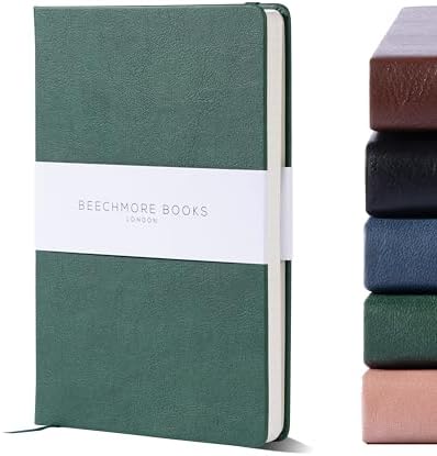 BEECHMORE BOOKS Graph Paper Notebook - Regular, Green | Premium Square Grid Math & Science Journal | 5.75" x 8.25" Hardcover Vegan Leather | Thick 120gsm Cream Graph Paper | Gift Box for Men & Women