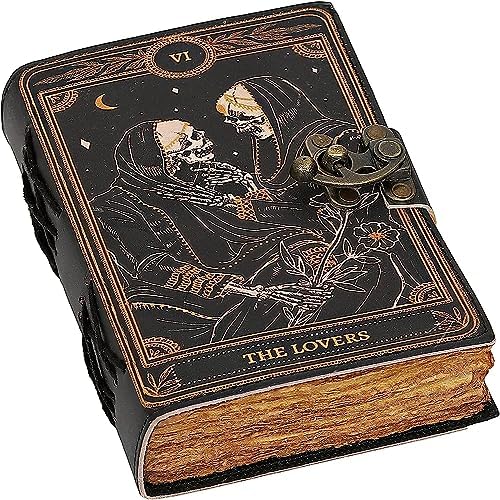 You are currently viewing C CUERO Book of Spells Leather Journal Deckle Edge Paper Grimoire Printed Journal The Lovers Tarot Notebook Spiral Gothic Notebook Skull lover Antique Vintage Leather Journals for Men and Women (6 * 8 inch)