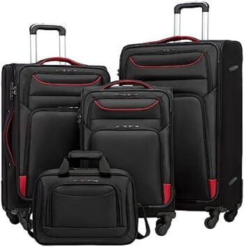 Coolife Luggage 4 Piece Set Suitcase TSA Lock Spinner Softshell lightweight (black+red)