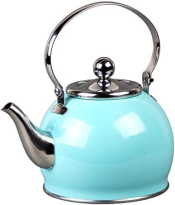 Creative Home Royal-Tea Stainless Steel Tea Kettle with Folding Handle, Removable Infuser Basket Aluminum Capsulated Bottom for Even Heat Distribution, Aqua Sky Finish