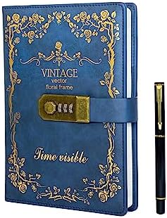 Diary with lock for girls and women, A5, lock diary for teen girls, 270 pages, journal with lock with pen, vintage diary notebook with lock & gift box, password locked journals blue