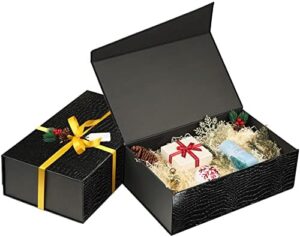 Read more about the article Dwbligt Elegant Black Gift Boxes 2 Pack 13.5×8.5×4.5 Inch, Crocodile Leather Paper Gift Box for Bridesmaid Proposal Box, Groomsmen Proposal Box, Birthday Party Box, Christmas Box(3 Powerful Magnet for Each Box) – Extra 2 Ribbons, 2 Tags, 2 Cards