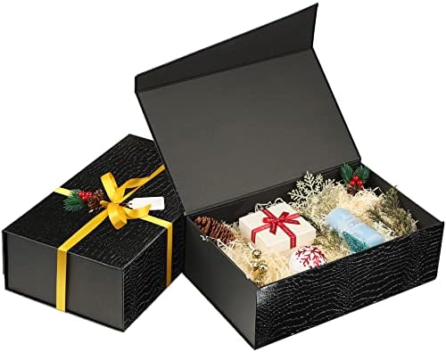 You are currently viewing Dwbligt Elegant Black Gift Boxes 2 Pack 13.5×8.5×4.5 Inch, Crocodile Leather Paper Gift Box for Bridesmaid Proposal Box, Groomsmen Proposal Box, Birthday Party Box, Christmas Box(3 Powerful Magnet for Each Box) – Extra 2 Ribbons, 2 Tags, 2 Cards