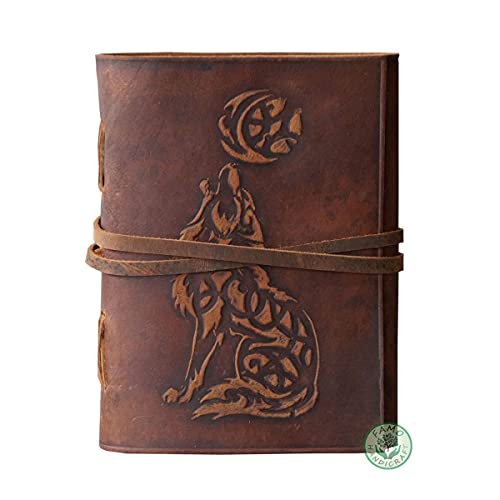 Famo Handicraft Wolf Embossed Handmade Leather Bound Journal Writing Notebook Diary Notepads for Men & Women Blank Paper 7 x 5 Inches - Best Gift for Art Sketchbook & Vintage Handbook