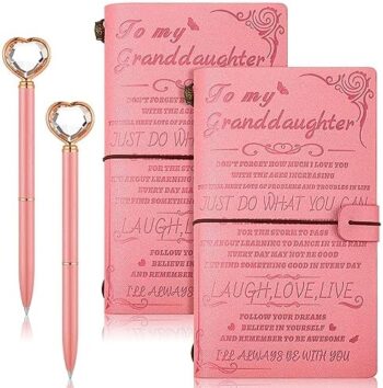 Fulmoon 4 Pcs to My Granddaughter's Gift Set Pink Leather Journal Heart Diamond Pen Refillable Notepads Engraved Notebook Travel Diary Granddaughter Gifts Christmas Birthday Diaries for Girls [Unknown Binding]