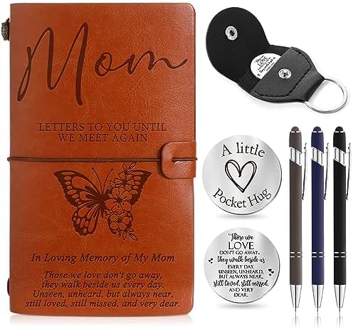 Fulmoon Gifts for Passed Loved Ones Included 1 Grief Journal Travel Photo Diary Journal 1 Memorial Pocket Hug 1 PU Leather Keychain 3 Ballpoint Pens Memorial Gift for Loss of Mother