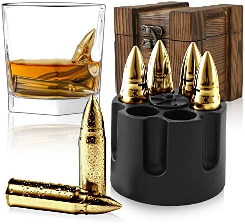 Gift for Fathers Day from Daughter Son Wife, Unique Whiskey Stones Bullets for Him Husband Grandpa Brother Anniversary Birthday, Cool Man Cave Gadgets Retirement Presents | Golden