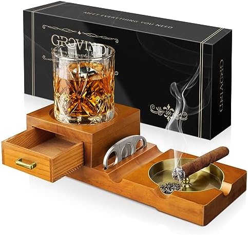 You are currently viewing Grovind Cigar Ashtray Gift Set with Cigar Cutter, Whiskey Glass Tray and Wooden Ash Tray Outdoor Ashtray for Cigarettes, Cigar Accessories Great Decor for Home Office Cigar Gifts for Men