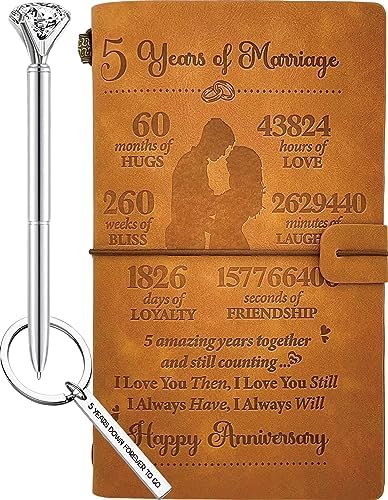 Happy 5 Year Anniversary Journal Gift with 140 Pages Writing Notebook Engraved, 5th Anniversary Keychain, 5 Year and Counting, 5 Anniversary Leather Journal, Romantic 5 Year Marriage Gifts for Her
