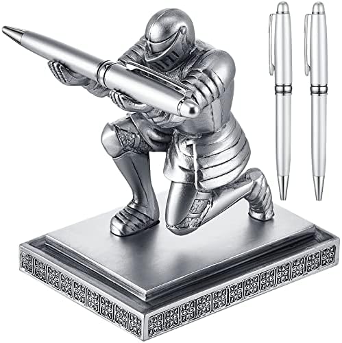 Harloon Silver Knight Pen Stand Set with 2 Pens Resin Desk Organizers and Accessories Funny Executive Pen Stand Fancy Cool Office Gadgets Cool Desk Decorations for Men Home Supplies Holiday Present